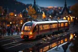 ein beschäftigt Zug Bahnhof beim Gipfel Stunde, Züge ankommen und Abflug. generativ ai foto