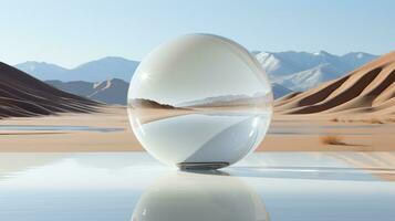 schwebend Kugel reflektieren ein Wüste innerhalb ein Wüste. generativ ai foto
