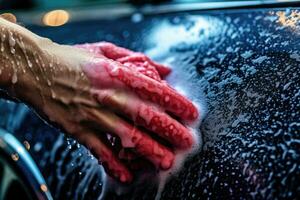 ein Mann Waschen seine Auto mit ein Fokus auf seine Hände und das Seife Schwamm. generativ ai foto