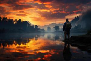 Silhouette von ein Fischer beim Dämmerung Stehen beim das Kante von ein See. generativ ai foto