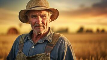 mittleren Alters Farmer Stehen im Vorderseite von ein Feld foto