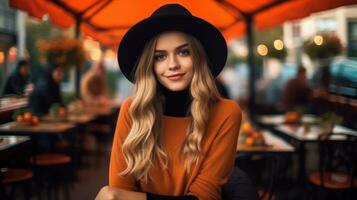 jung schön Frau Sitzung im Cafe auf ein Herbst Tag foto