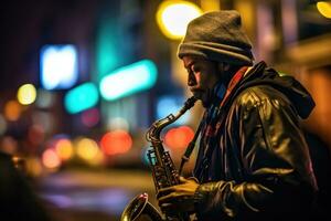 ein Straße Musiker Theaterstücke ein seelenvoll Melodie auf ein Saxophon. generativ ai foto