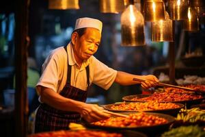 auf ein geschäftig Straße Markt im Süd-Ost Asien, ein Verkäufer ist vorbereiten traditionell Straße Essen unter das warm glühen von hängend Laternen. generativ ai foto