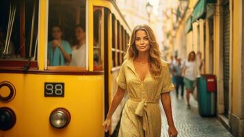 jung schön Frau posieren Nächster zu das Straßenbahn auf das Straßen von Europa foto