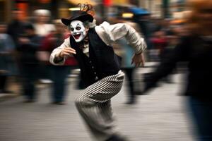 auf ein Stadt Straße, ein Mime Künstler führt. generativ ai foto