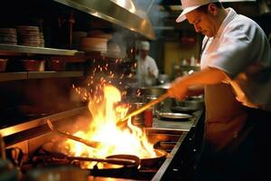 ein erfahren Koch Flammen ein Bratpfanne im ein beschäftigt Restaurant Küche. generativ ai foto