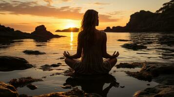 Yogi meditieren auf das Strand beim Sonnenuntergang. generativ ai foto