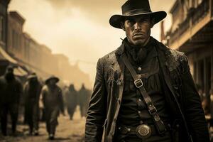 ein Cowboy bereitet vor zum ein Duell im ein wild Westen Stadt. generativ ai foto