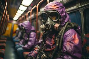 Menschen im Gas Masken betroffen durch das nuklear Attacke sind Sitzung im ein verlassen U-Bahn Bahnhof. generativ ai foto