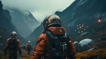 ein Gruppe von Astronauten Gehen auf Mars zu erkunden. foto