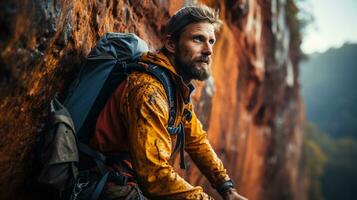 ein Bergsteiger ist ruhen auf das Kante von ein Cliff. foto