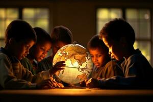 ein dynamisch und atmosphärisch Rahmen mit ein Gruppe von Kinder zusammengekauert um ein Globus. generativ ai foto