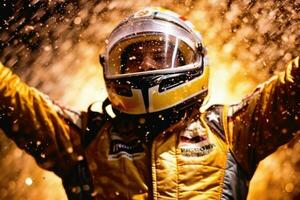 ein begeistert Rennen Auto Treiber feiert seine Sieg mit ein herrlich sprühen von Champagner. generativ ai foto