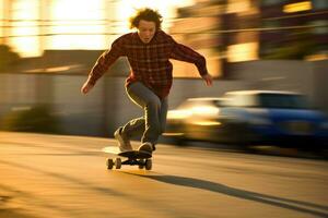 ein Umwelt voll Körper Schuss von ein Teenager Junge auf ein Skateboard, Rennen aus zu Schule. generativ ai foto