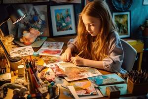 ein hoch Winkel Schuss von ein jung Mädchen Sitzung beim ihr Schreibtisch, vollständig absorbiert im ein Welt von bunt Hand - - gezeichnet zahlen und einfallsreich Geschichten. generativ ai foto