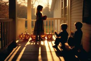 das Silhouetten von Kinder Trick - - oder - - behandeln, von hinten beleuchtet durch das warm glühen von ein Jack - - Ö' - - Laterne auf ein Veranda. generativ ai foto