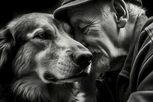 das geteilt Moment zwischen ein Mann und seine Hund, ihr Nasen berühren jeder andere. generativ ai foto