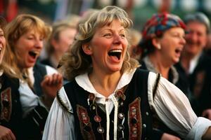 ein lebhaft bayerisch Band durchführen auf ein Festival Bühne. generativ ai foto