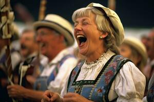 ein lebhaft bayerisch Band durchführen auf ein Festival Bühne. generativ ai foto