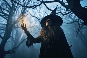 Halloween - - thematisch Foto, das Mystik von ein Hexe unter das Mondlicht. generativ ai foto