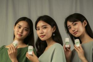 ein Porträt von ein Gruppe von asiatisch Frauen mit sauber, frisch Haut, jeder halten ein kosmetisch Produkt. generativ ai foto