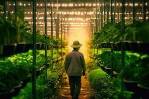 ein ausdrucksvoll, zeitgenössisch nehmen auf hydroponisch Landwirtschaft. ein Farmer inmitten Reihen von beschwingt Grün unter künstlich Beleuchtung. generativ ai foto