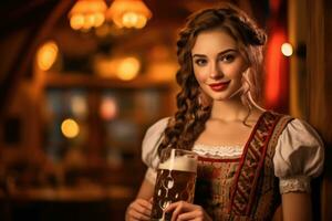 ein schließen - - oben Foto von ein froh jung Frau tragen ein traditionell Oktoberfest Dirndl. generativ ai