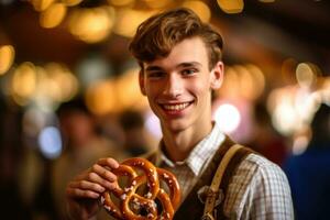 ein schließen - - oben Foto von ein jung Mann gekleidet im Lederhosen, ein traditionell Oktoberfest Outfit. generativ ai