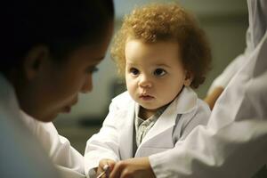 ein schließen - - oben Aussicht von ein weiblich Arzt vorsichtig Prüfung ein Baby im ein Klinik. generativ ai foto