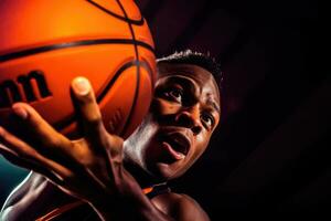 das Zusammenarbeit und Koordinierung von ein männlich Basketball Spieler wie er geht zum ein Dunk während ein Spiel. generativ ai foto