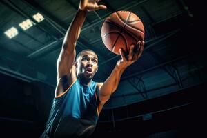 das Zusammenarbeit und Koordinierung von ein männlich Basketball Spieler wie er geht zum ein Dunk während ein Spiel. generativ ai foto