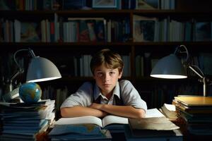 Umwelt Porträt von ein kaukasisch Junge Schüler Sitzung beim ein Schreibtisch im ein Klassenzimmer, umgeben durch Bücher und Schule Lieferungen. generativ ai foto