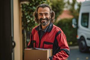 Foto von ein Kurier liefern ein Paket zu ein Wohn Adresse. generativ ai