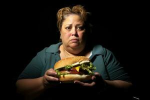 ein groß Hamburger und ein Übergewicht Frau. Bewusstsein von Fettleibigkeit wie ein Ergebnis von ungesund Essen Gewohnheiten und schnell Essen Verbrauch. generativ ai foto