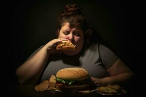 ein groß Hamburger und ein Übergewicht Frau. Bewusstsein von Fettleibigkeit wie ein Ergebnis von ungesund Essen Gewohnheiten und schnell Essen Verbrauch. generativ ai foto