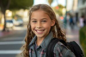 Porträt von ein kaukasisch Schüler Mädchen bereit zum das zuerst Tag von Schule tragen ein Rucksack und posieren mit ein groß lächeln. generativ ai foto