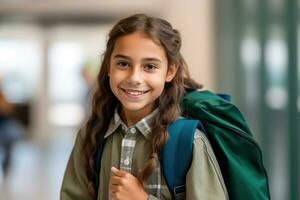 Porträt von ein kaukasisch Schüler Mädchen bereit zum das zuerst Tag von Schule tragen ein Rucksack und posieren mit ein groß lächeln. generativ ai foto