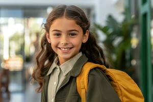 Porträt von ein kaukasisch Schüler Mädchen bereit zum das zuerst Tag von Schule tragen ein Rucksack und posieren mit ein groß lächeln. generativ ai foto