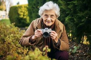 ein Alten Frau mit ein Kamera und ein Fotografie Hobby, demonstrieren ihr Kompetenzen zu anpassen zu modern Entwicklungen. generativ ai foto