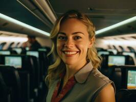 ein schließen - - oben Schuss von ein weiblich Flug Begleiter, Stehen im das Gang von ein Flugzeug Kabine, herzlich Begrüßung Passagiere mit ein lächeln. generativ ai foto