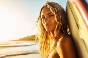 Foto von ein weiblich Surfer Tragen ihr Surfbrett auf das Strand. generativ ai