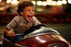 ein schließen - - oben Schuss von ein jung Junge, Lachen und genießen das Adrenalin eilen von ein Stoßstange Auto Kollision. generativ ai foto