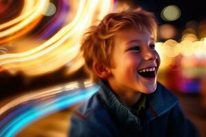 ein schließen - - oben Schuss von ein jung Junge, Lachen und genießen das Adrenalin eilen von ein Stoßstange Auto Kollision. generativ ai foto