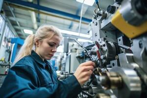 ein jung Frau Arbeiten auf ein Produktion Linie im ein geschäftig Fabrik mit ein schließen - - oben Schuss von ihr Hände Montage ein Produkt. generativ ai foto