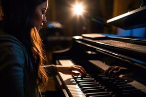 ein schließen - - oben Schuss von ein Frau spielen das Klavier im ein schwach zündete Musik- Studio. generativ ai foto