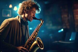ein schließen - - oben Schuss von ein jung Mann leidenschaftlich spielen ein Saxophon, im ein schwach zündete Jazz Verein. generativ ai foto