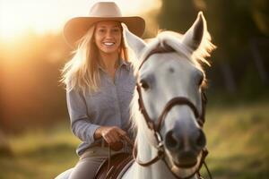 ein schließen - - oben Schuss von ein jung Frau Pferd Reiten im das zauberhaft golden Stunde von Sonnenuntergang. generativ ai foto