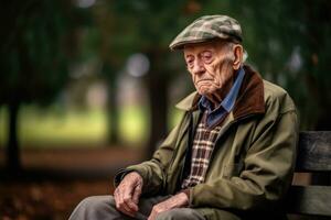 Foto von ein Alten Gentleman Sitzung allein auf ein Park Bank, hat verloren im Betrachtung. generativ ai