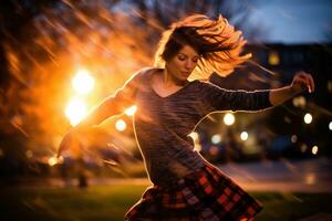 ein beschwingt und energisch Schuss von ein jung Frau Tanzen im ein Stadt Park. generativ ai foto